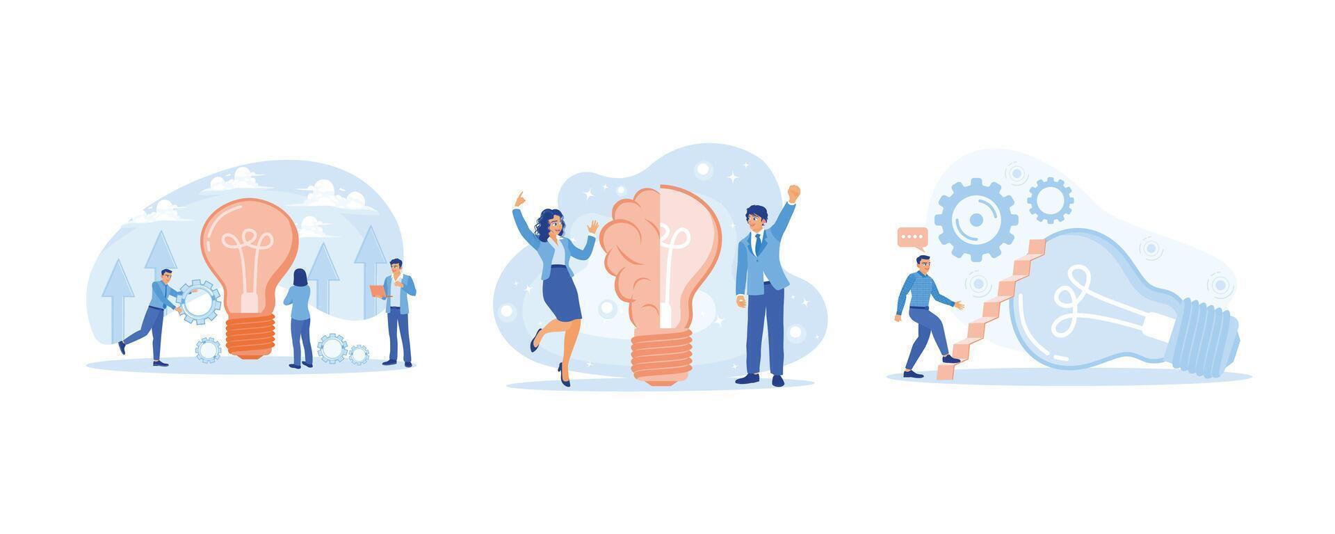 Business team working together to start a new business. Develop new business ideas. Makes a work plan to achieve success. Business Idea concept. Set Flat vector illustration.