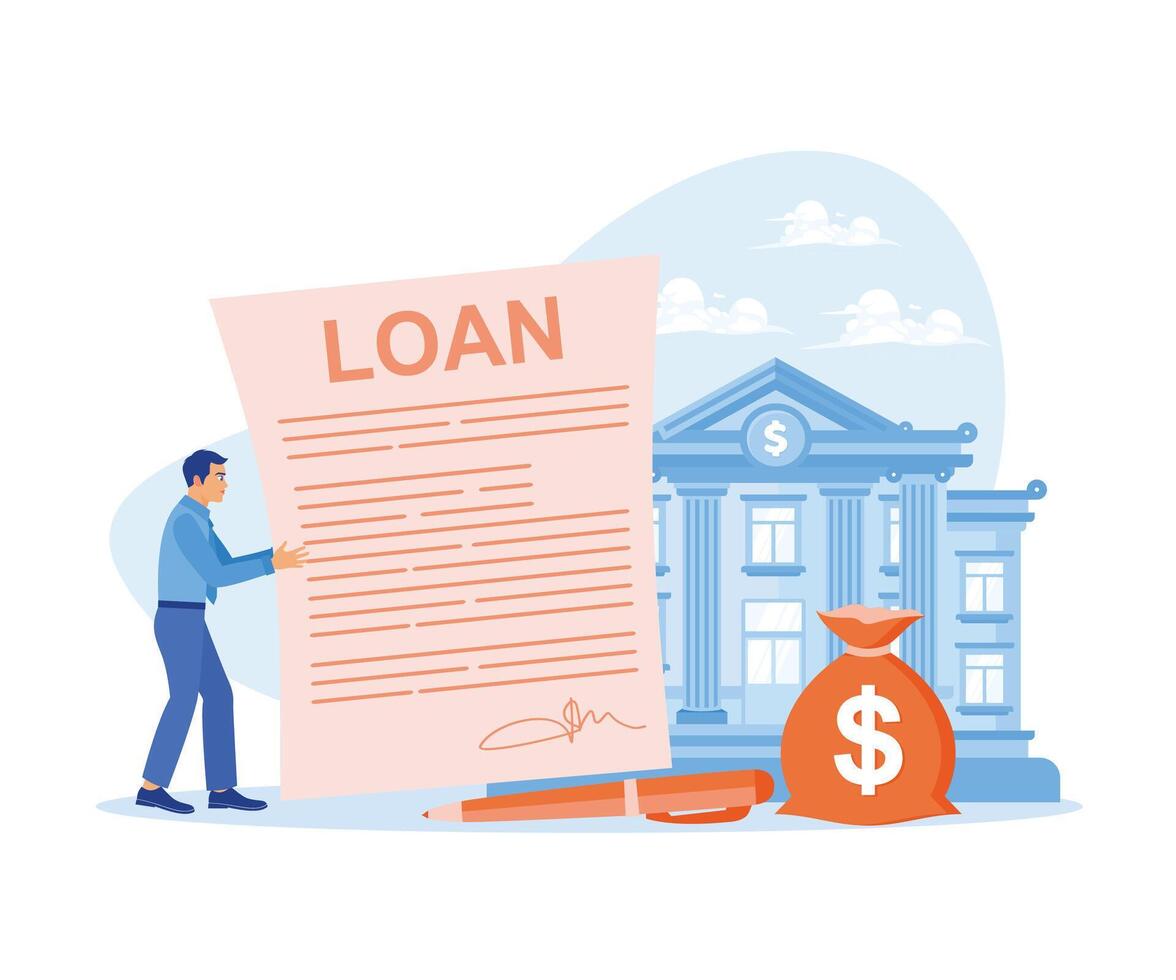 The entrepreneur holds a loan agreement letter from the bank, which the bank officer has approved. Approved Loan concept. Flat vector illustration.
