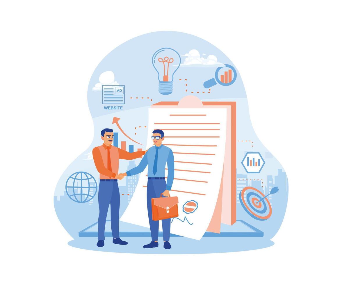 Business people are shaking hands after signing a contract. Make a collective work agreement. Contract agreement concept. Flat vector illustration.