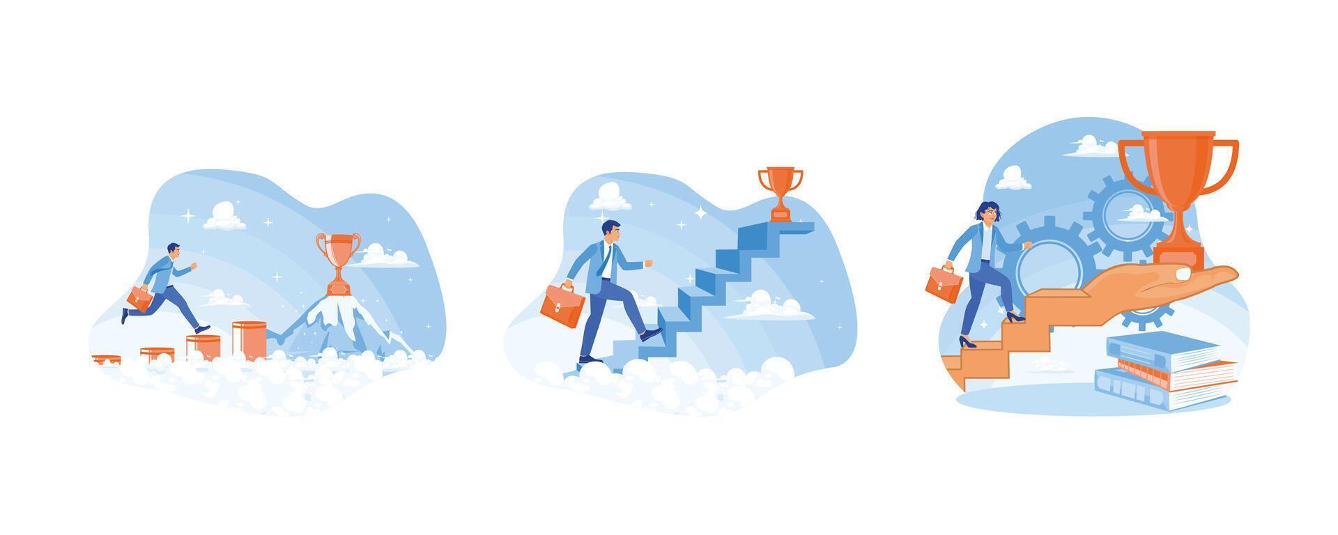 Creating a business for success. The man is walking up the stairs to get the trophy. Motivation to achieve success. Success Business concept. Set flat vector illustration.