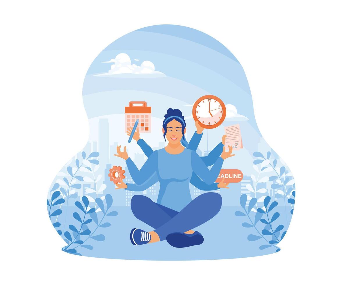 Woman sitting in meditation position. Doing many jobs at the same time. Multitasking Work concept. Flat vector illustration.