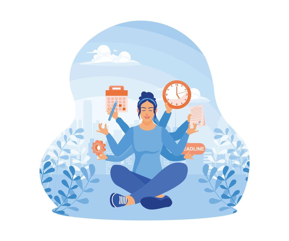 mujer sentado en meditación posición. haciendo muchos trabajos a el mismo tiempo. multitarea trabajo concepto. plano vector ilustración.