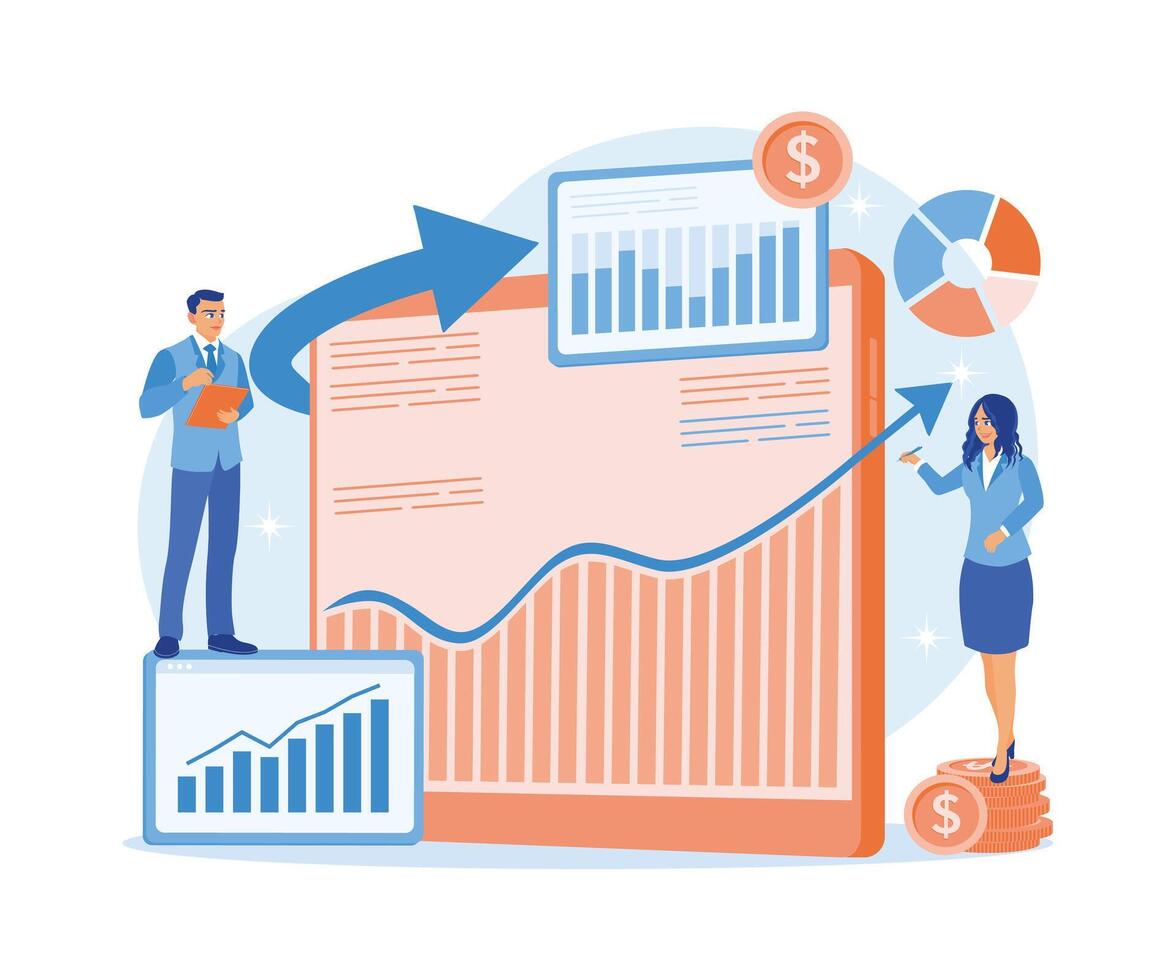 Businessman and assistant analyzing financial graphs and charts using a tablet. Investment concept. Flat vector illustration.