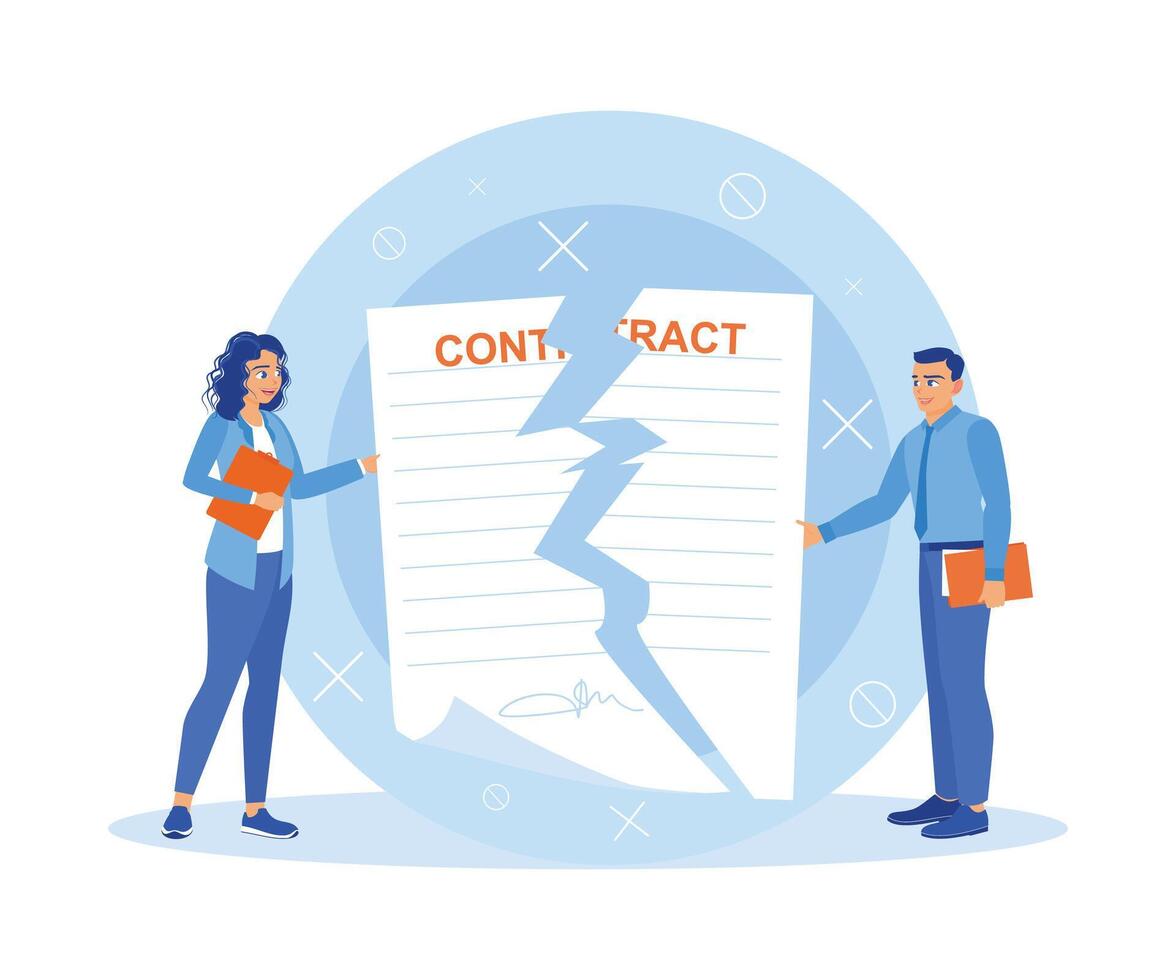 PrintTwo business people in the office cancel the business contract they had signed together. Contract agreement concept. Flat vector illustration.