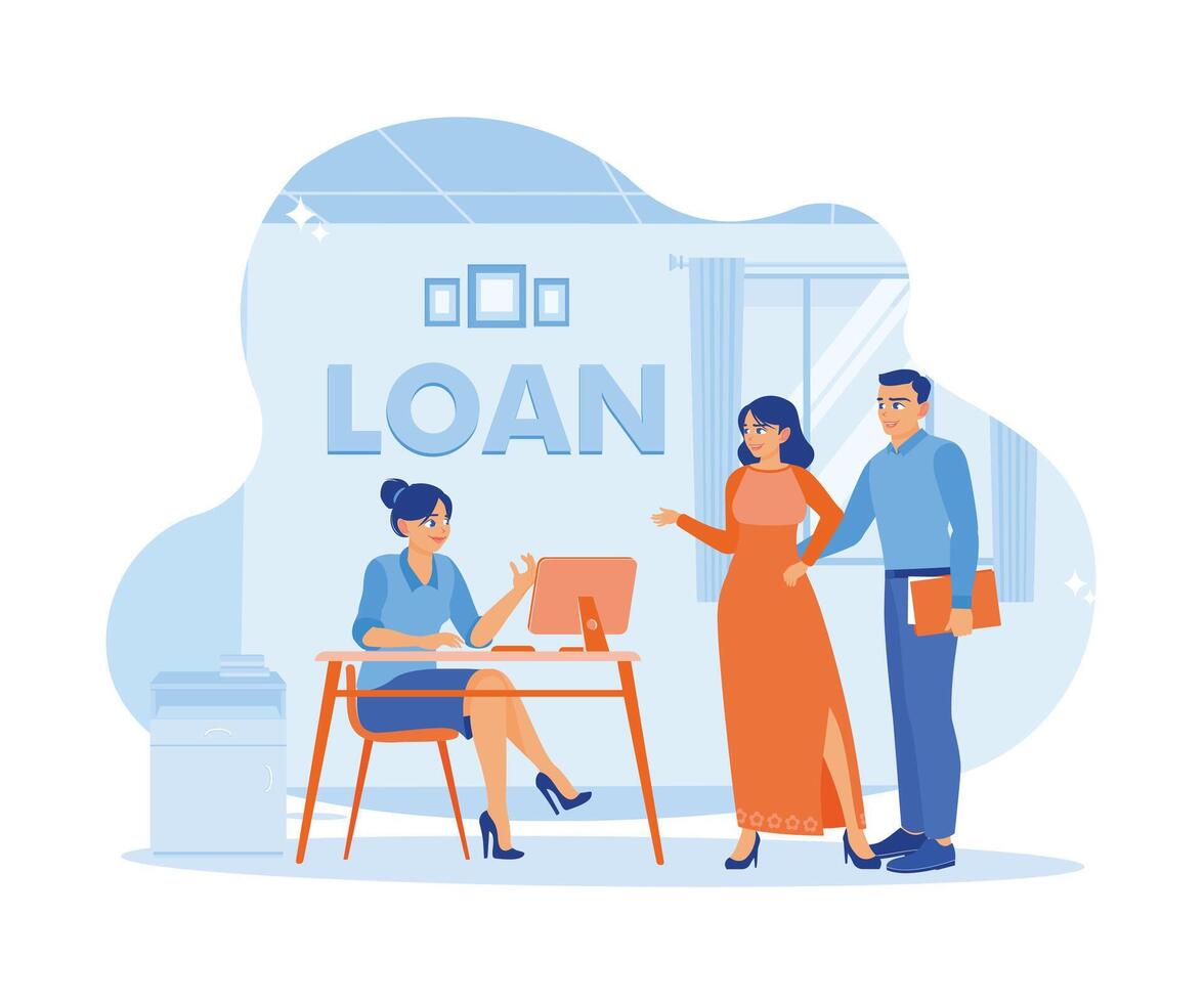 A husband and wife apply for loan approval from a bank officer. Approved Loan concept. Flat vector illustration.