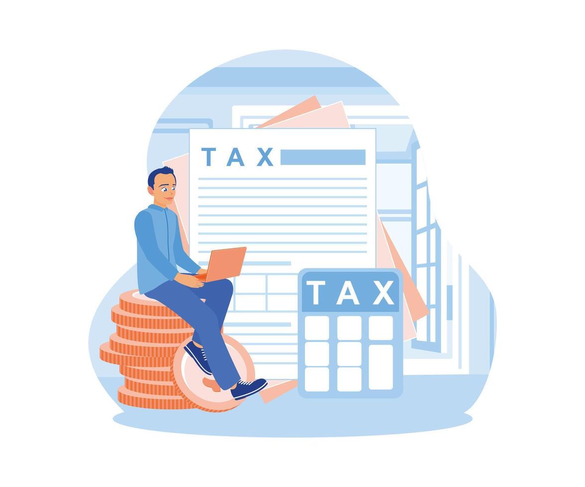 A male accountant is sitting on a pile of coins. Calculate and check company taxes using a laptop. Tax Audit concept. Flat vector illustration.