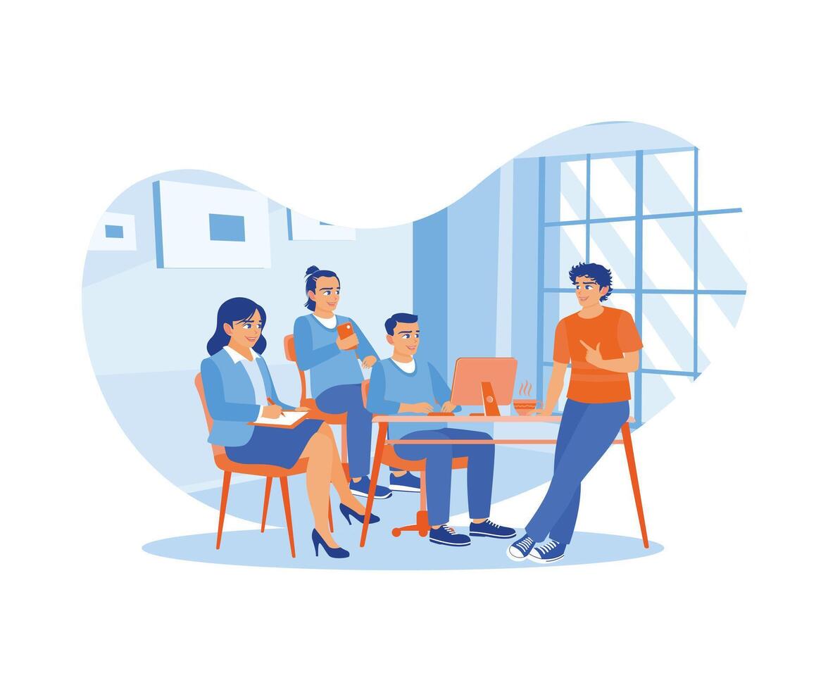 Diverse employees have a meeting in the office. The male leader explains the company's work problems. Briefings concept. Trend Modern vector flat illustration