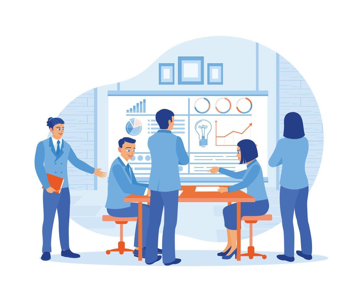 negocio equipo participación reunión en oficina. crear y discutir trabajo en equipo conceptos en pantalla. negocio reunión concepto. plano vector ilustración.