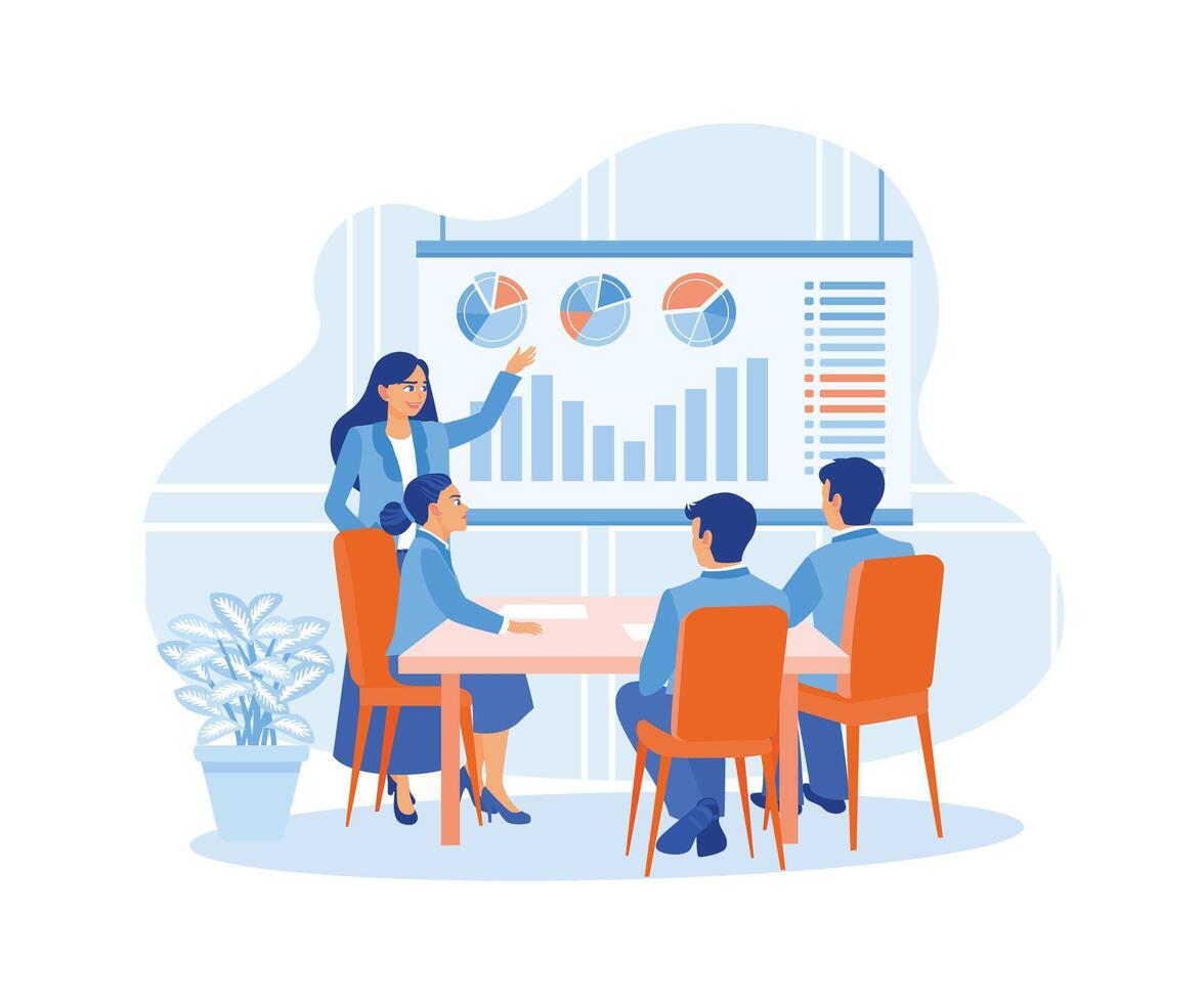 The female manager leads meetings for the marketing team. Display the business growth graph on the projector screen. Business Meeting concept. Flat vector illustration.