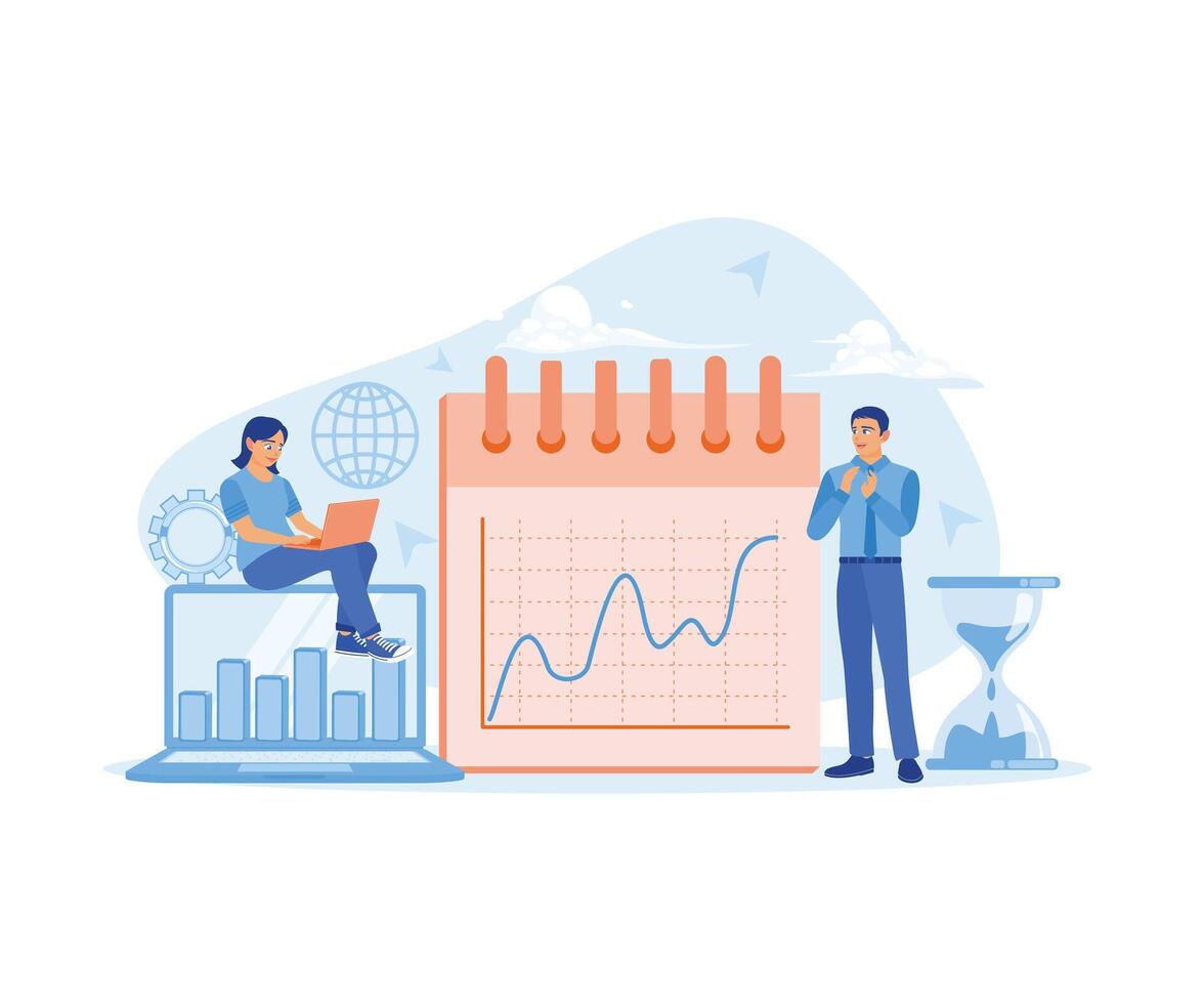 Businessman and assistant analyzing finances. Create strategic ideas to achieve business targets. Business Plan concept. Flat vector illustration.