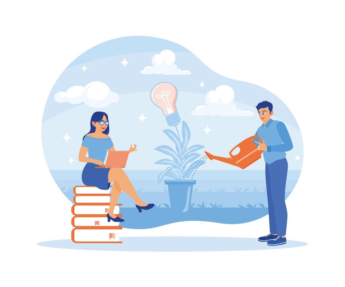 A woman in glasses and a businessman developing a new business idea. Business Idea concept. Flat vector illustration.