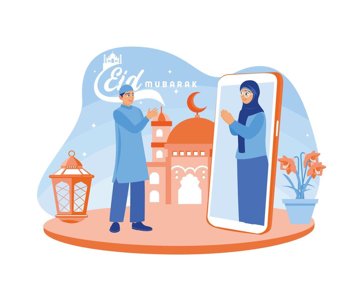 Muslim men and women celebrate Eid via video call during the pandemic. Forgive each other during Eid. Happy Eid Mubarak concept. Flat vector illustration.