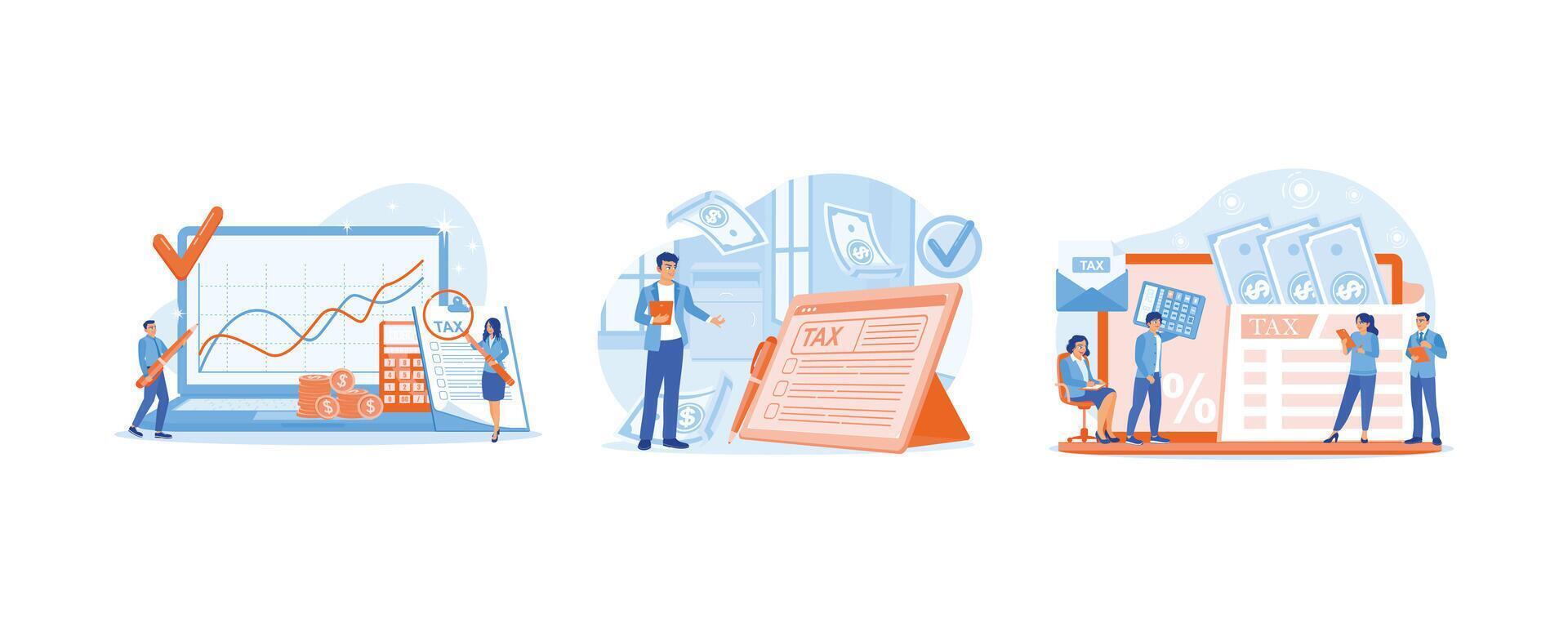 Accountants and financial advisors analyze corporate finances. Manage personal finances. People fill out online tax forms. Tax Audit concept. Set flat vector illustration.