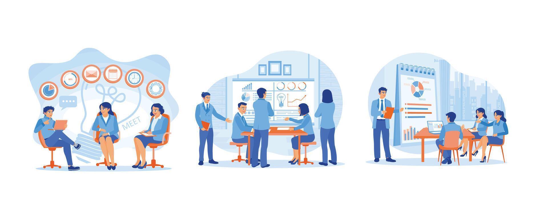 Meeting between manager and business team. Create and discuss teamwork concepts. Discuss and exchange ideas with each other. Business Meeting concept. Set flat vector illustration.