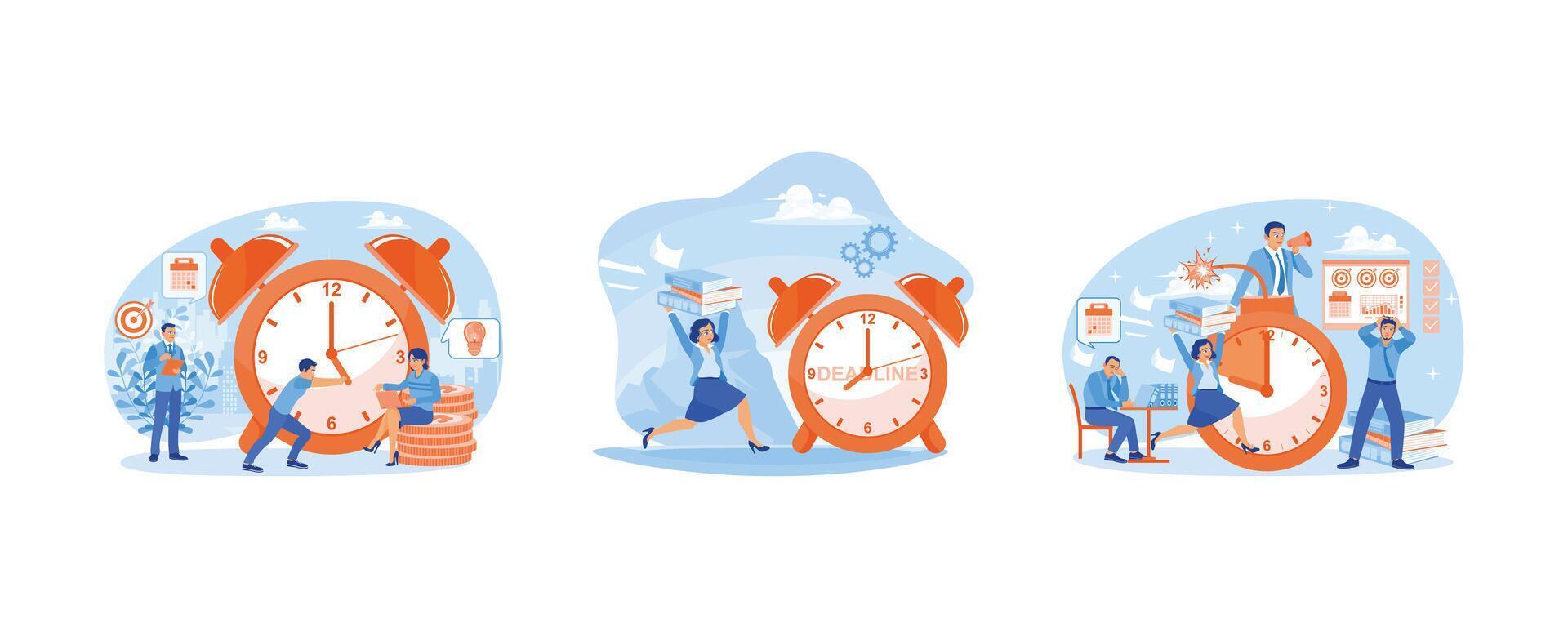 People work in the office. Complete work by deadlines. Stressed and tired office employees with a lot of work. Office Deadline concept. Set flat vector illustration.