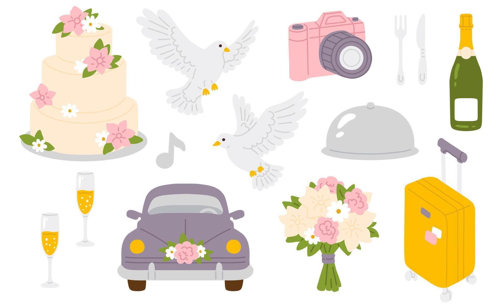 set of doodle wedding objects vector