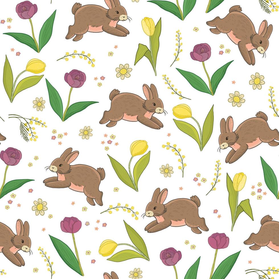 Easter rabbit with spring flowers vector seamless pattern.