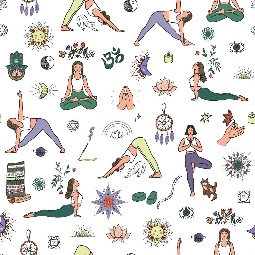 sin costura modelo con yoga posa sano estilo de vida. vector ilustración.