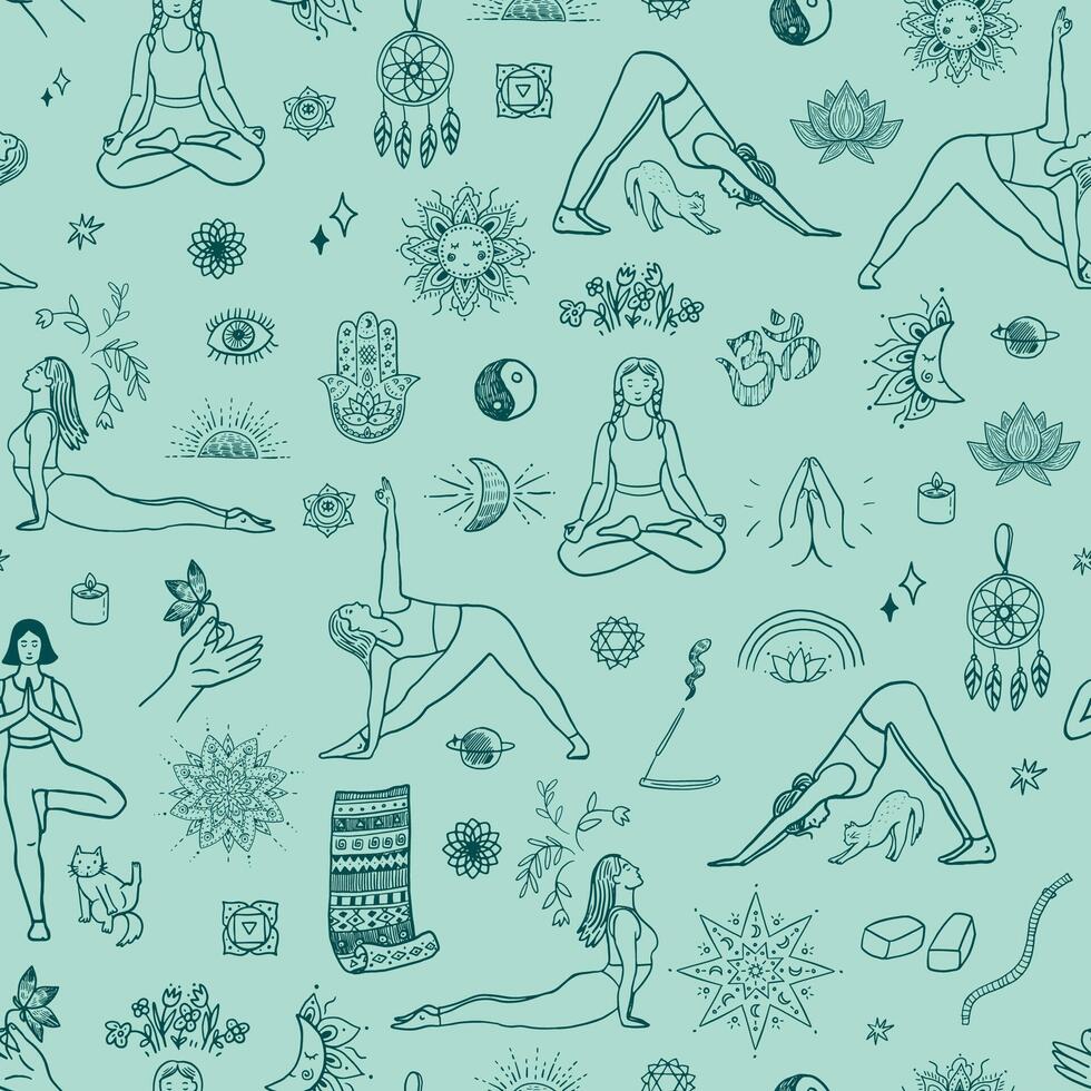 Seamless pattern with yoga poses. Healthy lifestyle. Vector illustration.