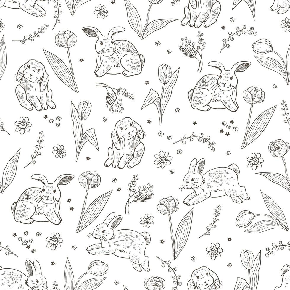 Easter rabbit with spring flowers vector seamless pattern.