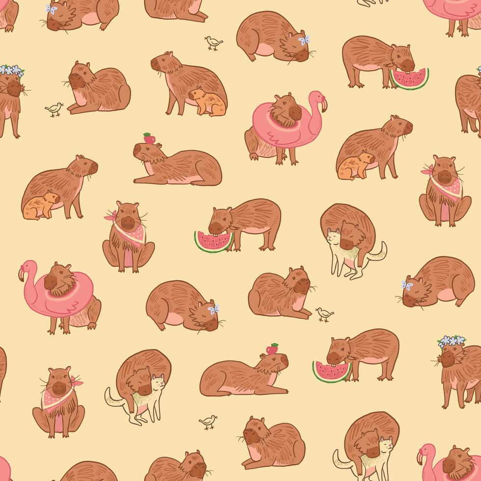 Capybara cute animal vector seamless pattern.