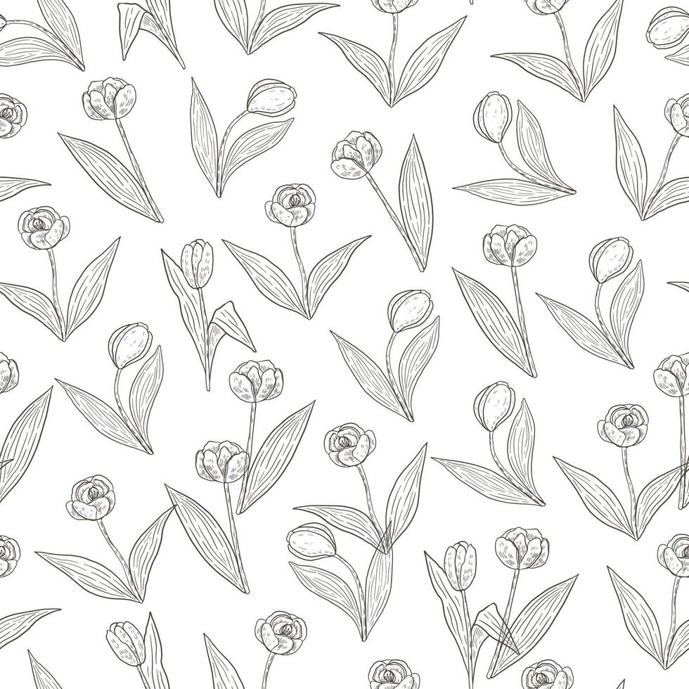 Tulip flowers vector seamless pattern.