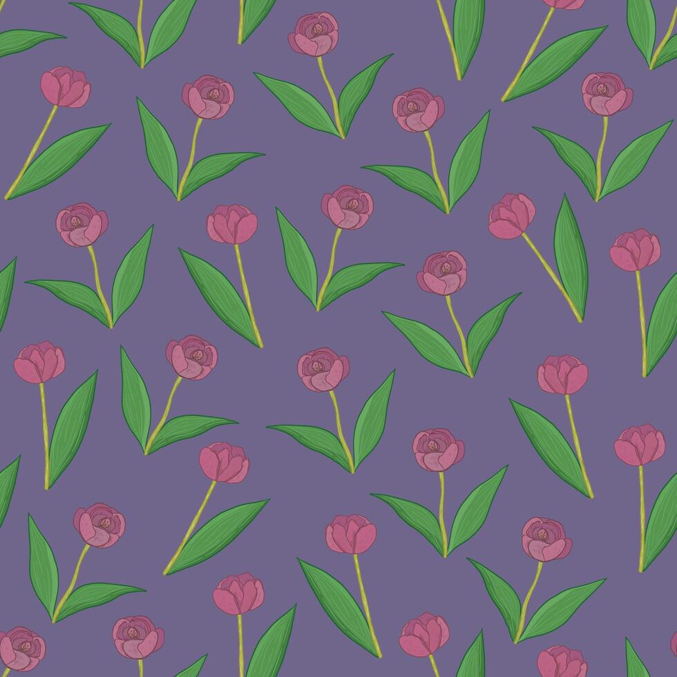 Tulip flowers vector seamless pattern.
