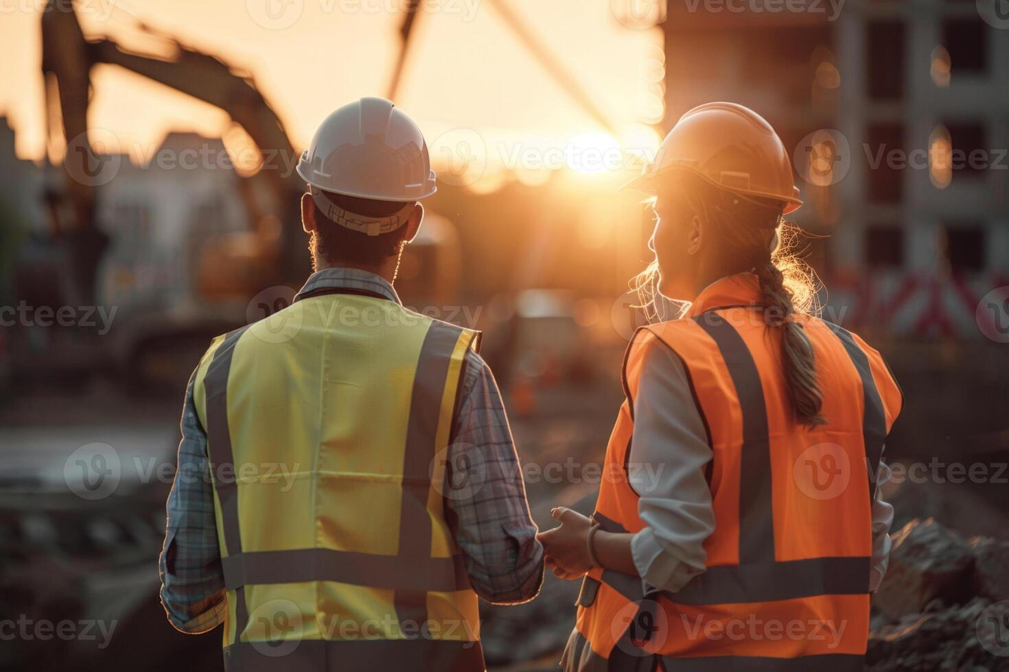 AI generated man and woman workers on a construction site, excavator behind them photo