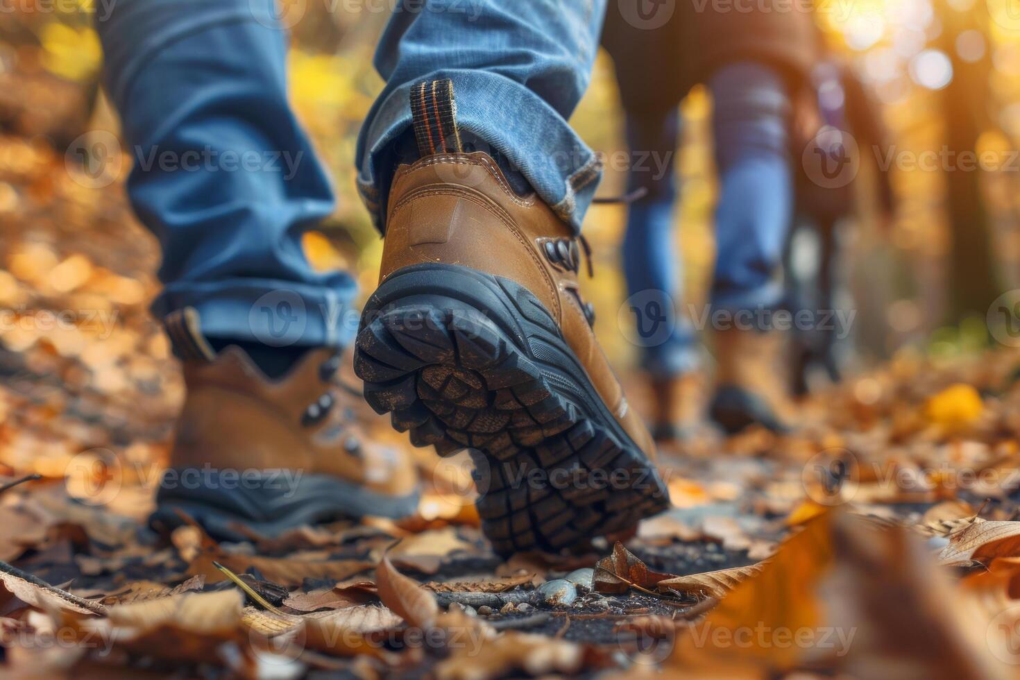 AI generated tourists walk along the path of the autumn forest, feet close-up photo