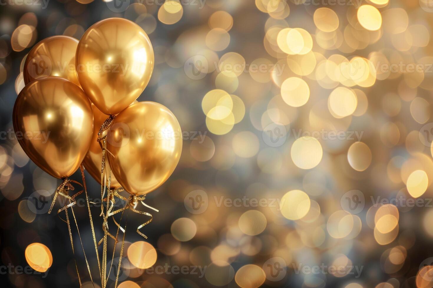 AI generated Gold balloons with ribbons on bokeh background, celebration wallpaper, empty space photo