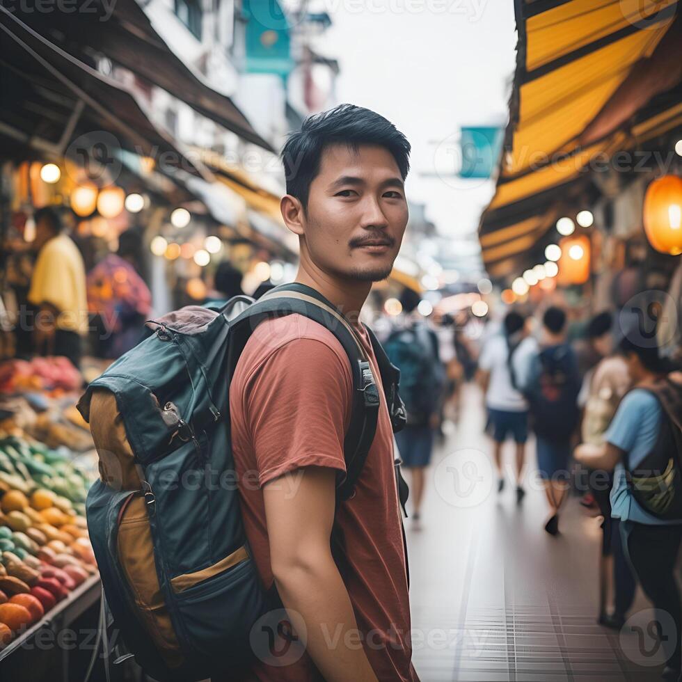 AI generated A traveler with a backpack exploring a bustling market street, surrounded by colorful stalls and busy shoppers photo