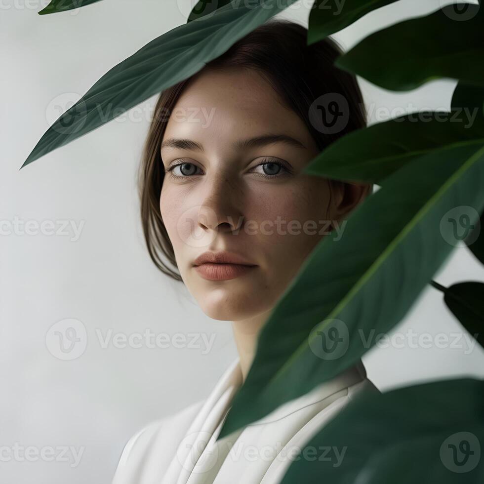 AI generated A person obscured by green, lush leaves, creating a serene and mysterious atmosphere photo