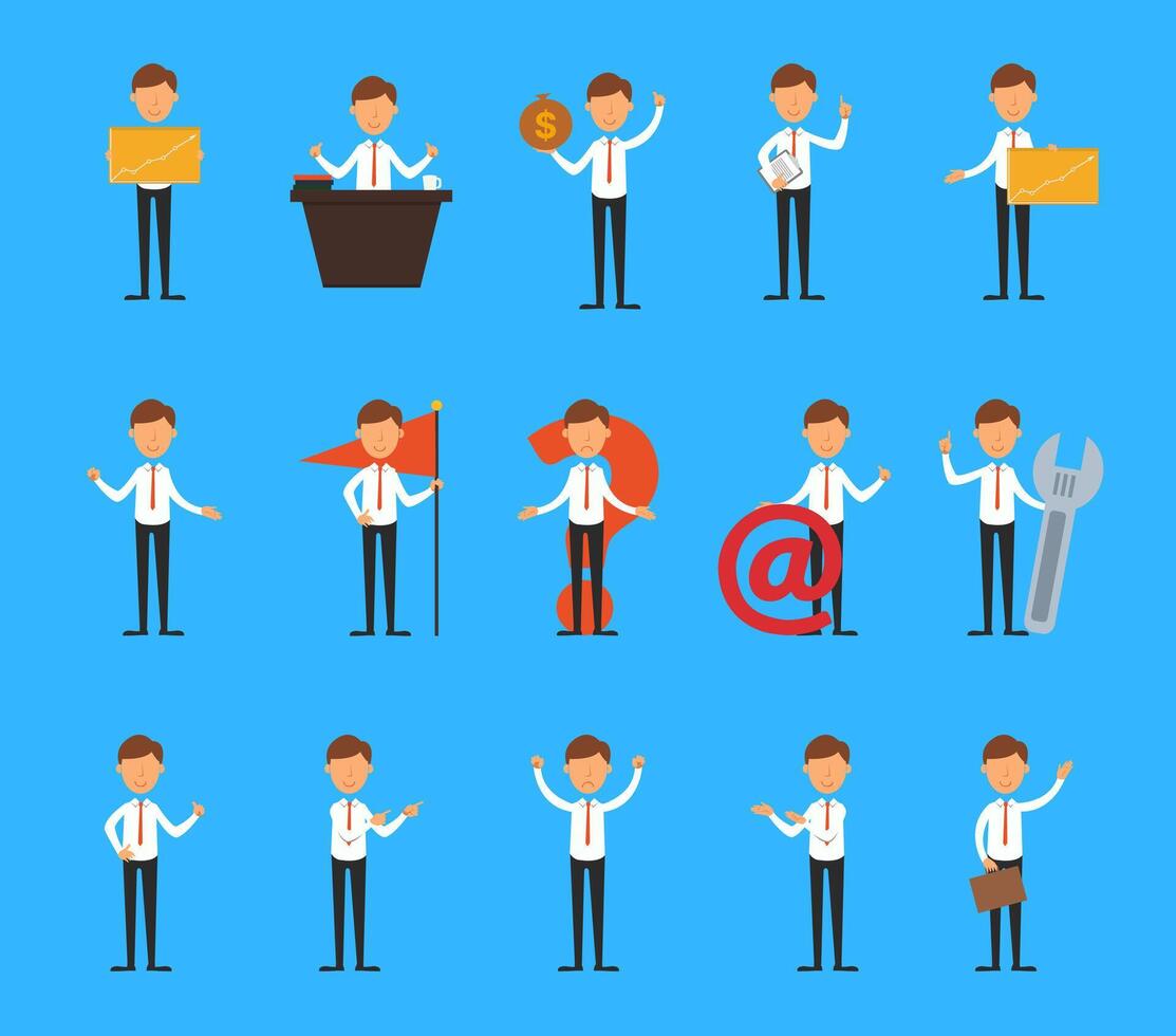 Sets of businessman or employee figures in various expressions. Flat illustration of worker icons. Isolated on blue bacground vector