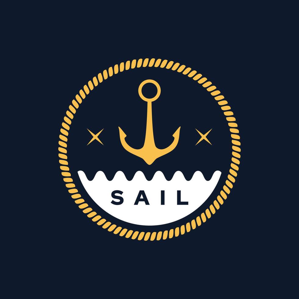 Sea logo with anchor and waves over dark background. Vector illustration in flat style. Suitable for retro sailing or ocean identity.
