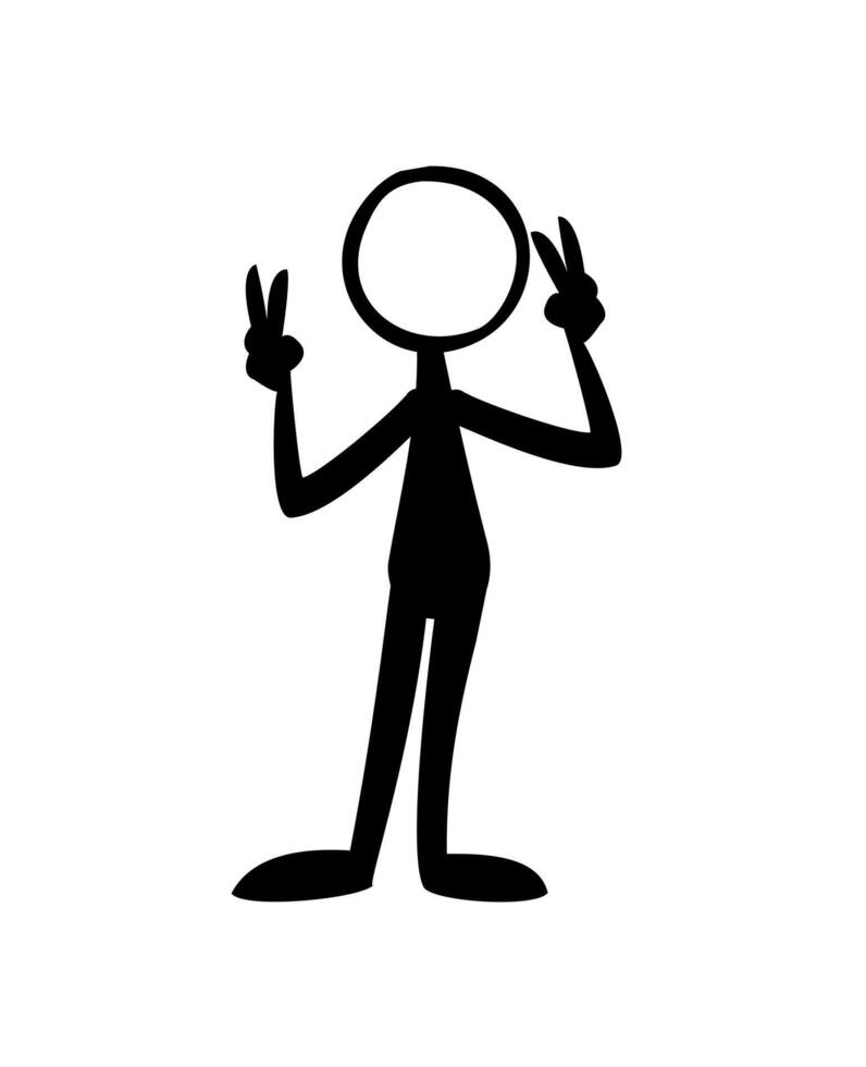 Black silhouette of a man with two fingers up. V sign. Vector illustration.