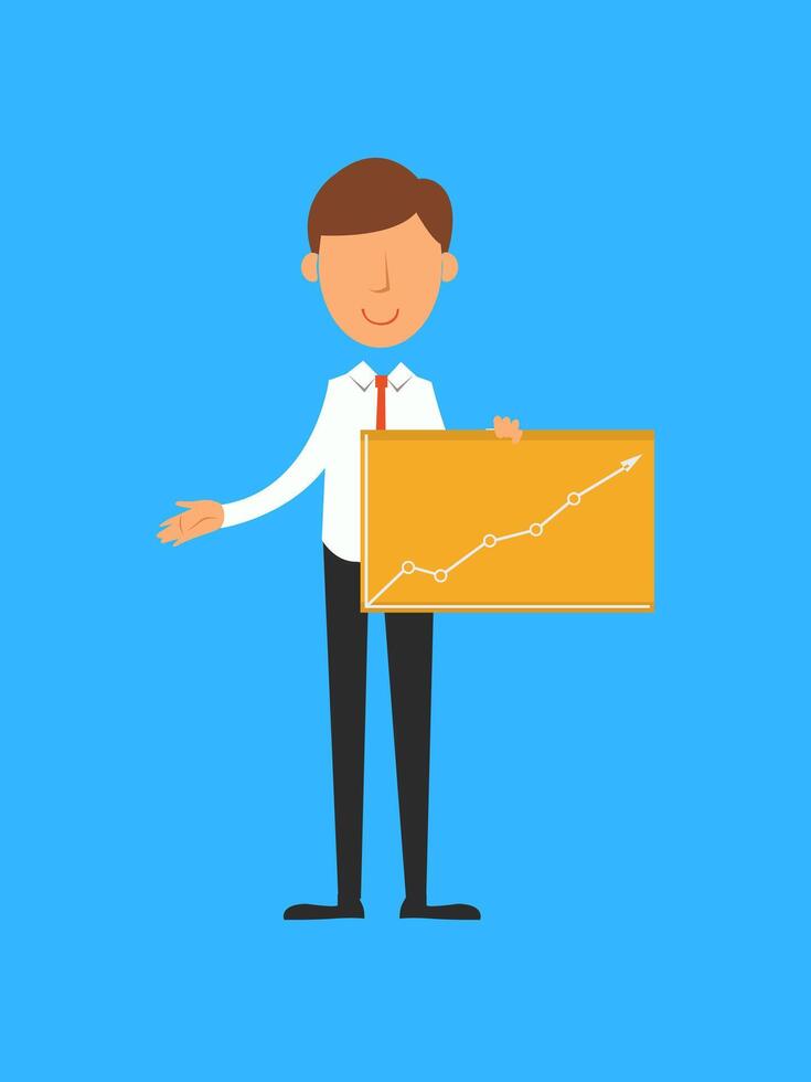 Businessman showing graph on board. Vector illustration in flat style.