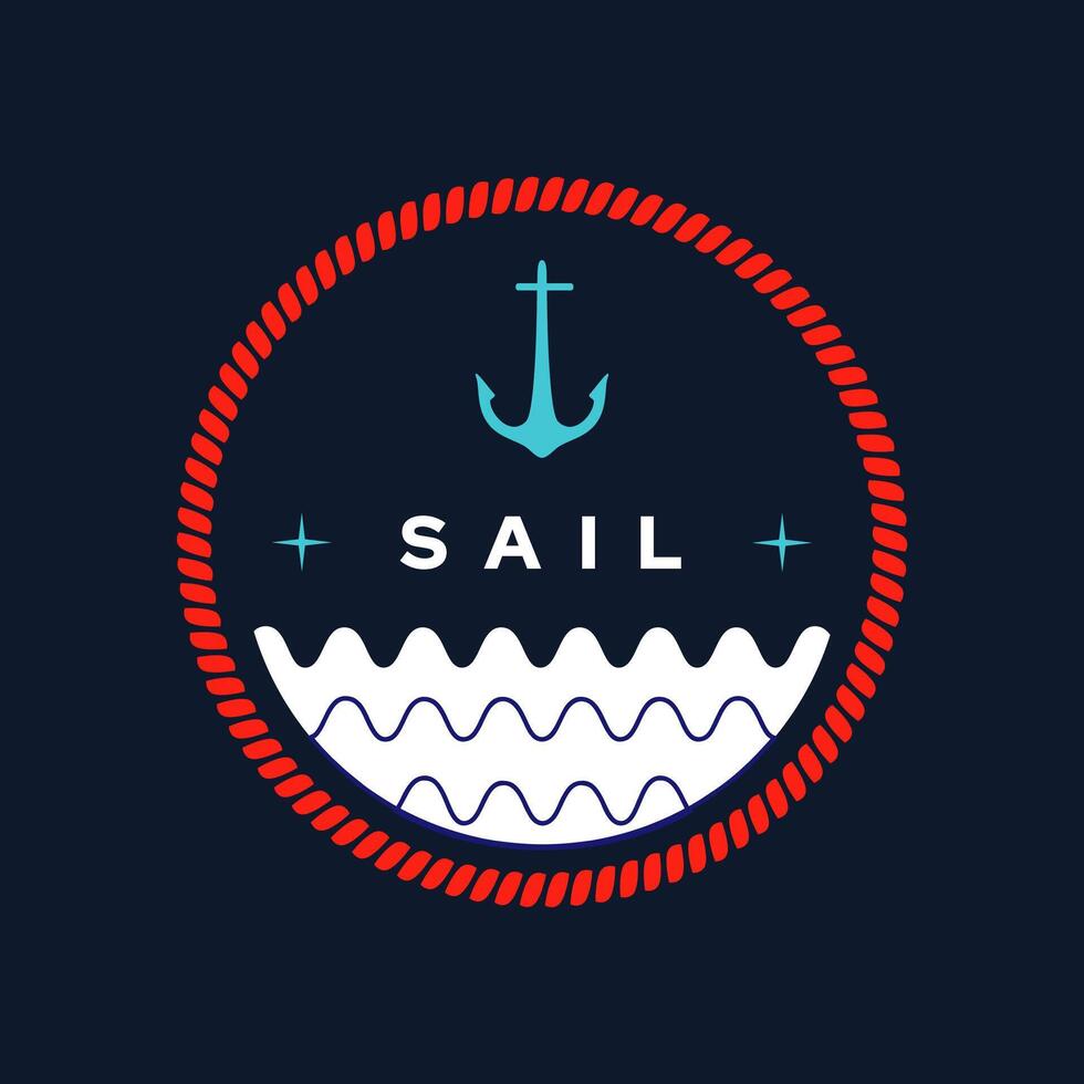 Sea logo with anchor and waves over red rounded line. Vector illustration in flat style. Suitable for retro sailing or ocean identity.