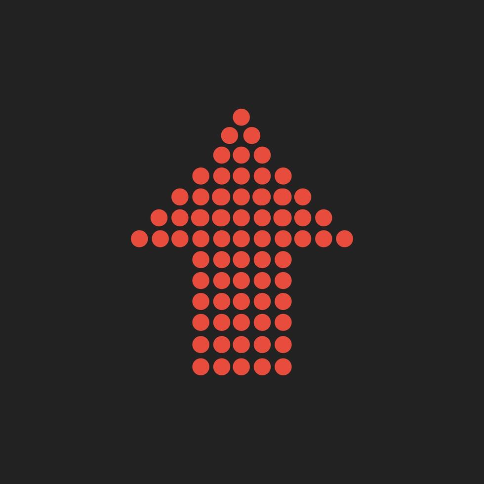 Arrow icon in pixel style. A red dot on a black background. Vector illustration. Suitable for electronic road sign representation.