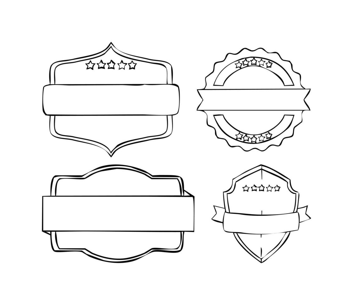 Set of vintage badges and ribbons. Vector illustration. Black and white, outlined.