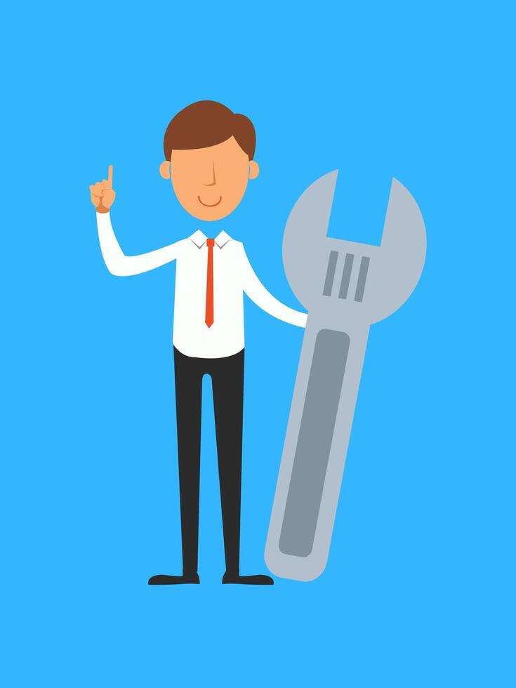 Businessman with a spanner. Vector illustration in flat style. Businessman with wrench.