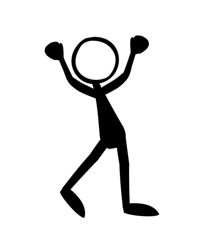 Funny black silhouette of a man feeling grateful about his victory. Vector illustration.