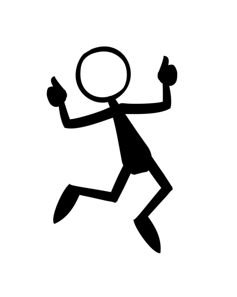 Happy and excited stick man icon with his hand up. Vector illustration on a white isolated background.