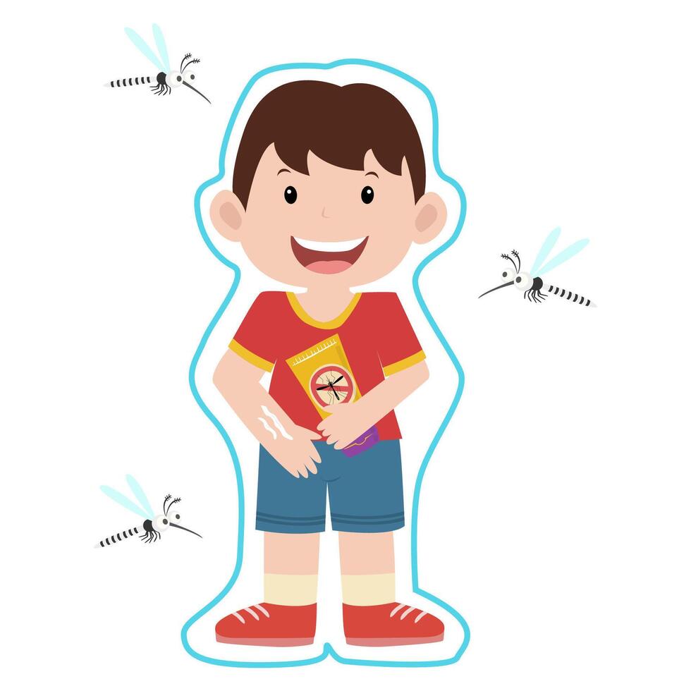 boy apply mosquito repellant lotion to protect mosquito bite vector