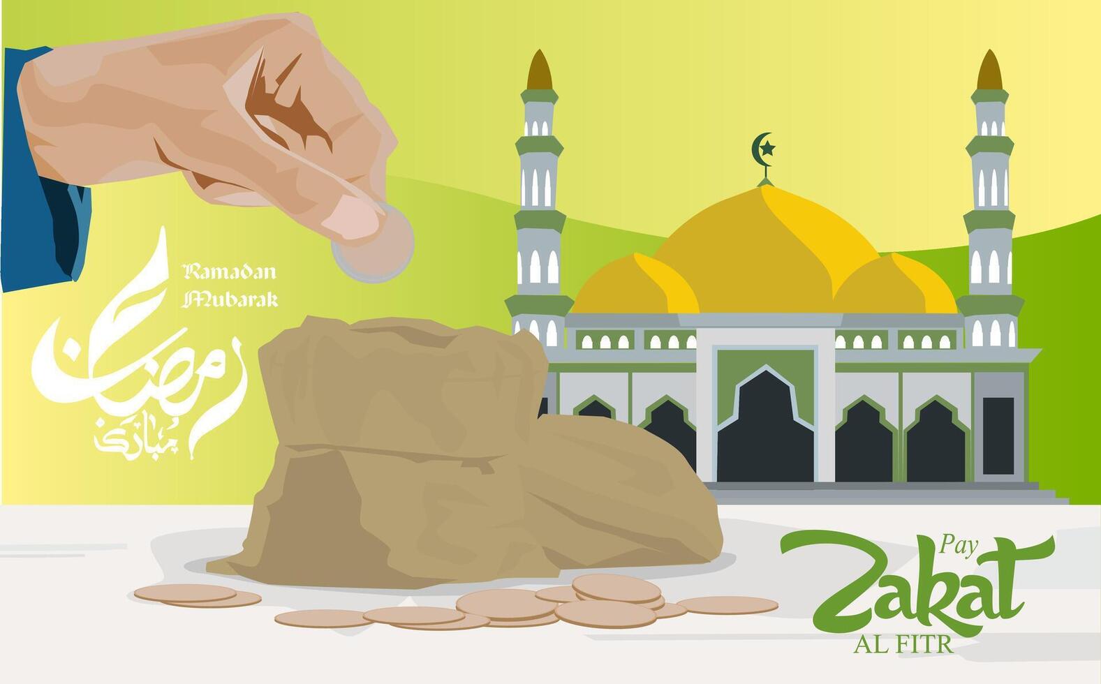 vector hand holding coin money put in pocket to give zakat al-fitr and mosque ramadan mubarak caligraphic