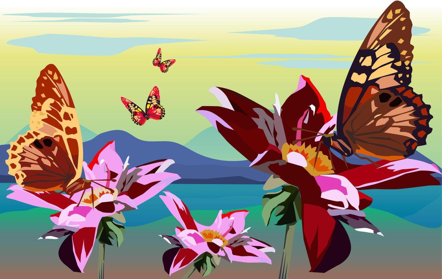 Vector butterfly is perched on beautiful colorful flowers with a view of the mountains