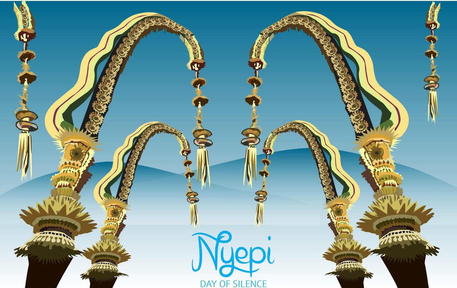vector penjor traditional Balinese flag with a background of mountain hills blue sky early in the morning to celebrate Nyepi