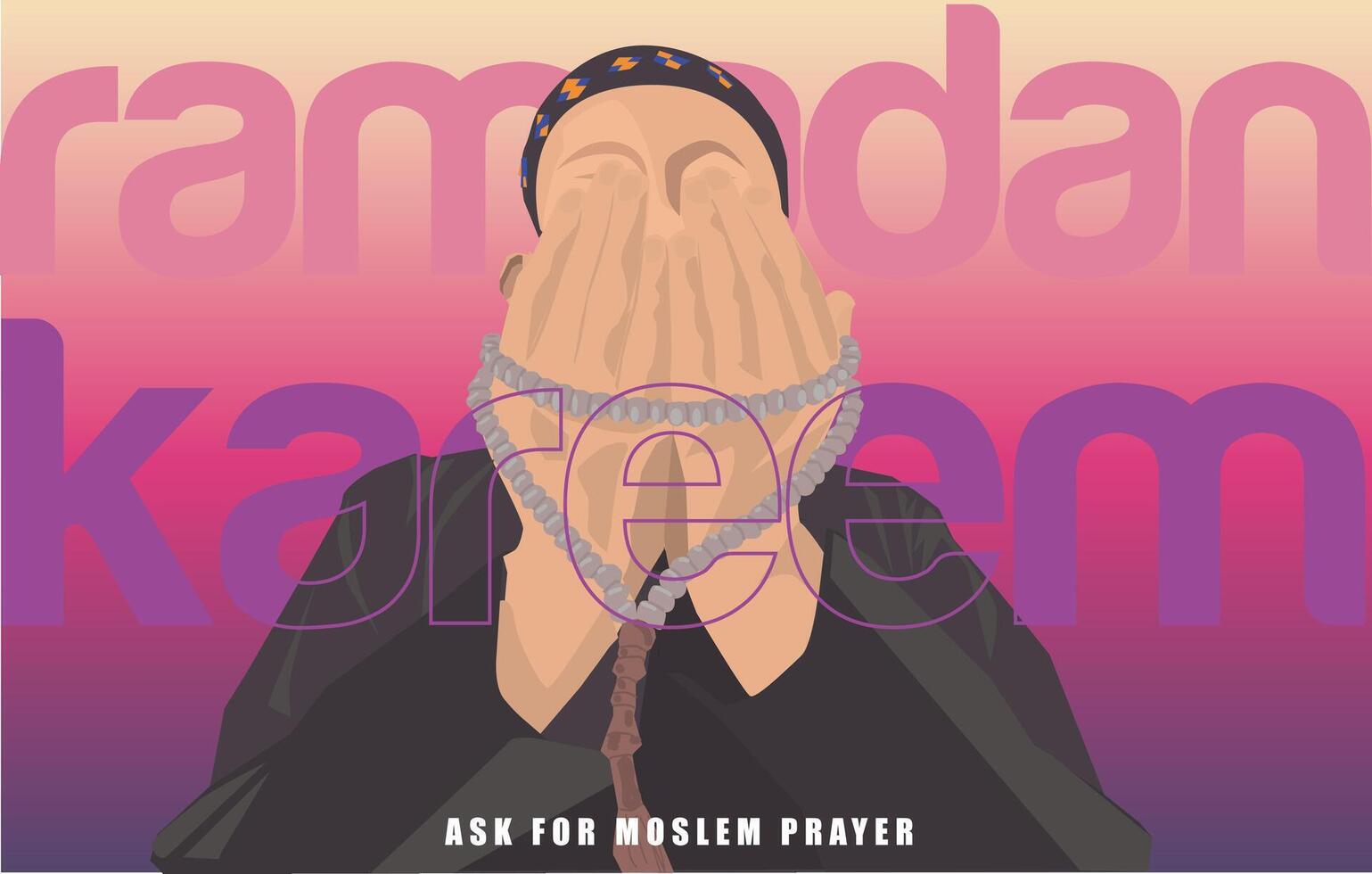 vector ask for moslem prayer wearing islamic cap with rosary tasbeeh dzikr in twilight dusk subuh time in ramadan Kareem Mubarak modern style gradient design