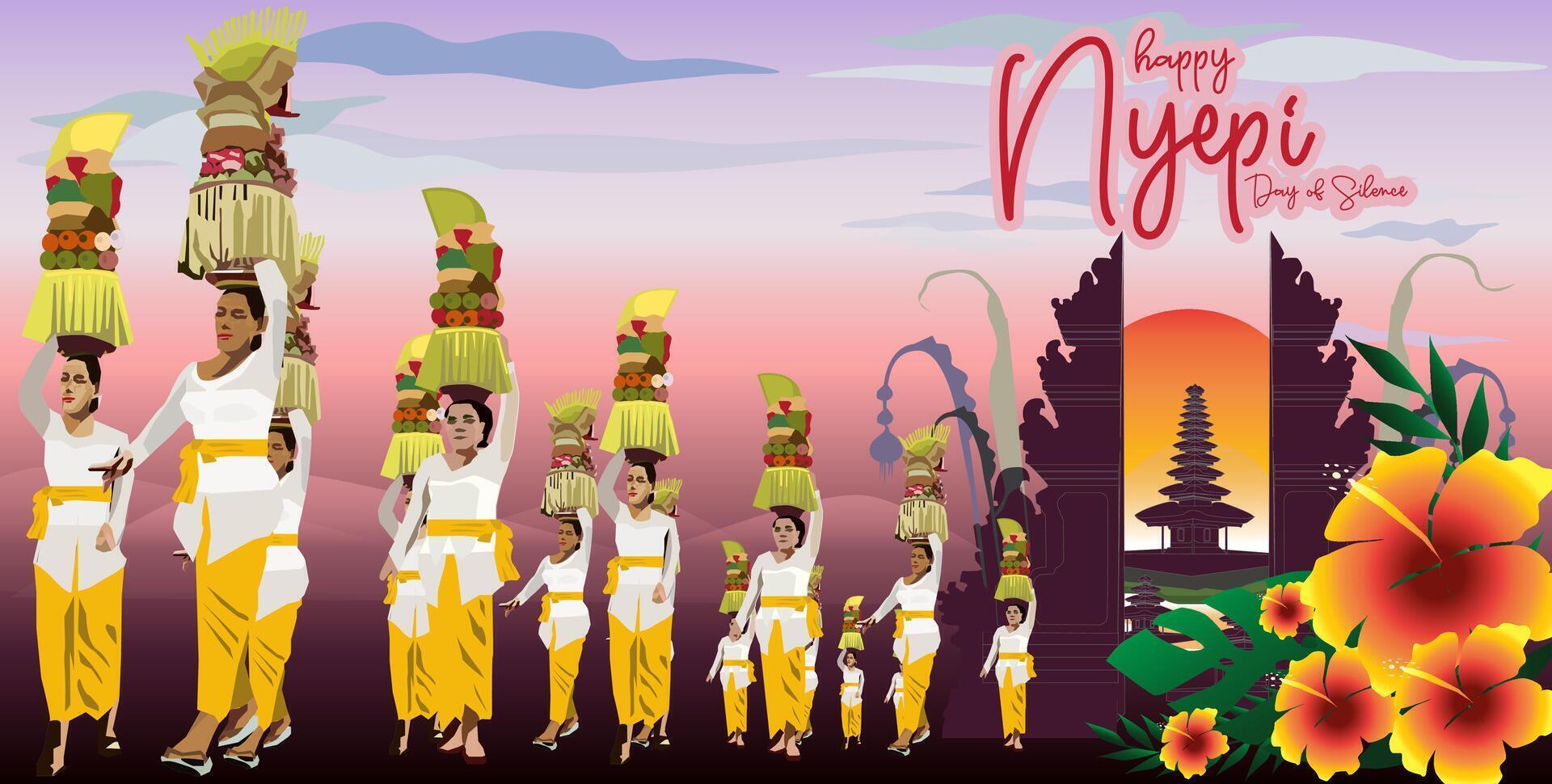 vector crowd Balinese women traditional costumes walking row carrying offerings on heads Nyepi Gebogan tradition temple pure background bright sunset sunrise sky beautiful flower plants