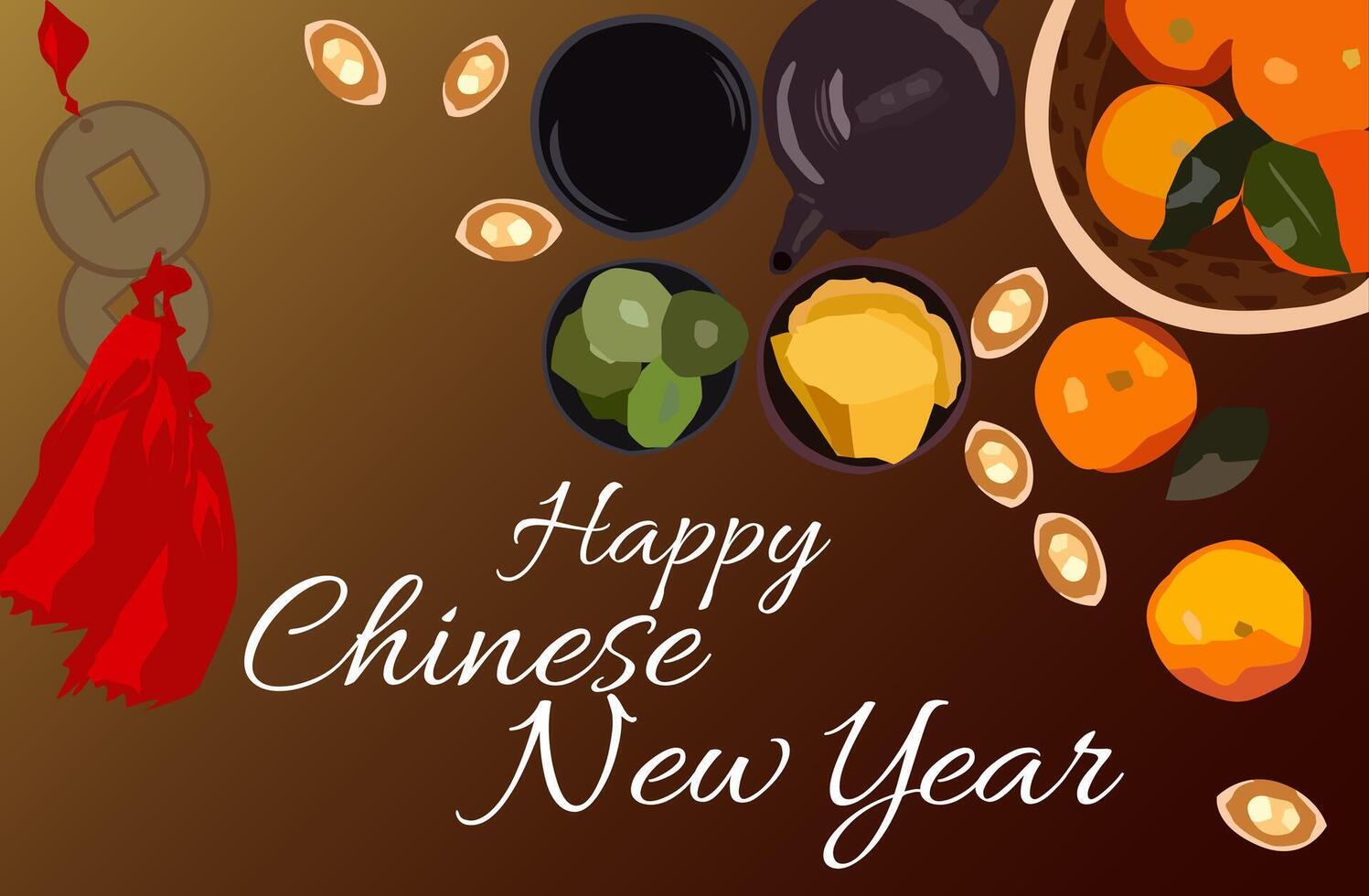 vector orange fruit in a basket teapot kiwi fruit in a bowl cake coins chinese coins celebrating chinese new year's day gold brown background