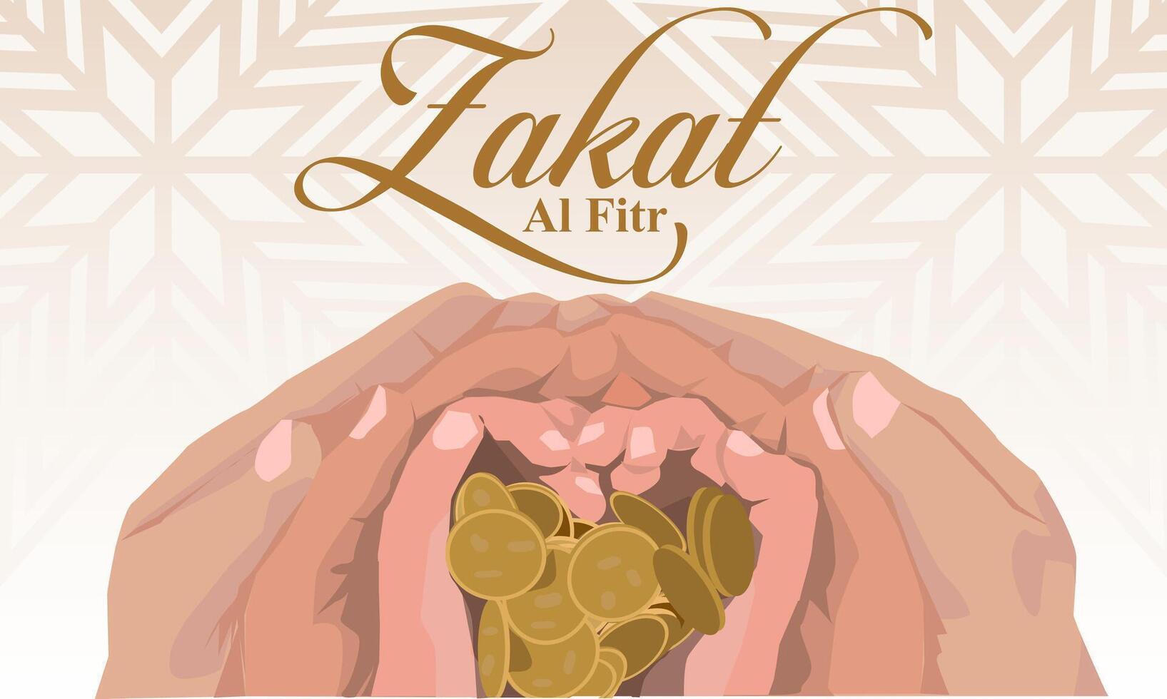vector from big hands to little hands moslem stacked together giving coins money to zakat al-fitr with ornament arabic islamic gold background